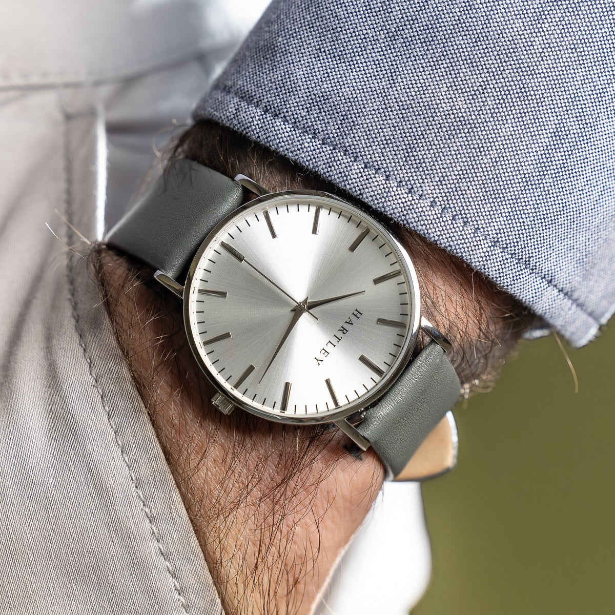 HERITAGE SILVER WITH GREY LEATHER ON WRIST