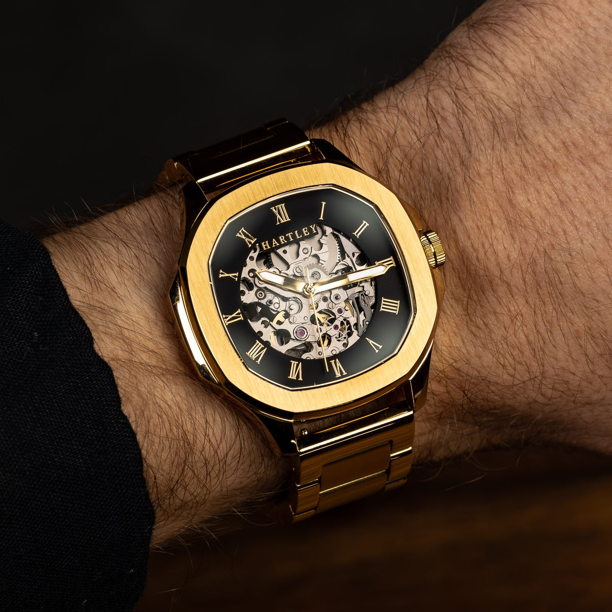 HARTLEY LEGACY GOLD STEEL BRACELET ON WRIST